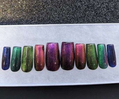 Glitter Skittles - Cat Eye Rainbow Velvet False Press-On Nail Extensions 10pcs