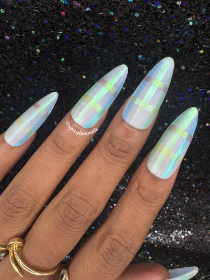 Frosted Plaid - Blue Pastel Iridescent Rainbow Plaid Press-On Nail Extensions 10pcs