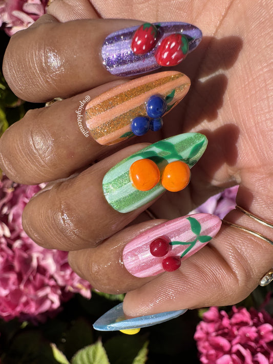 Fruit Stand - Striped Pastel Rainbow and 3D Fruit Press-On Nail Extensions 10pcs