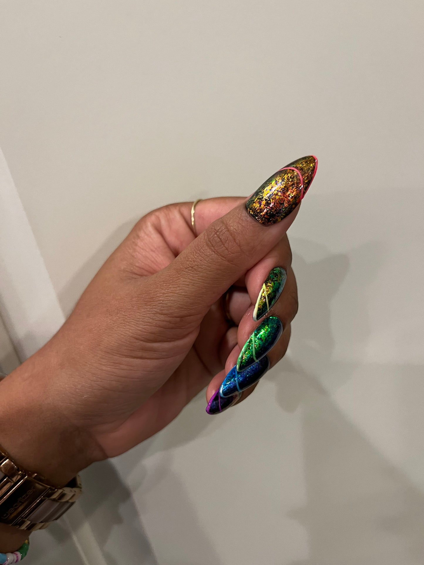 It's a Party - Chrome Chameleon Flake and Neon French Tip Press-On Nail Extensions 10pcs