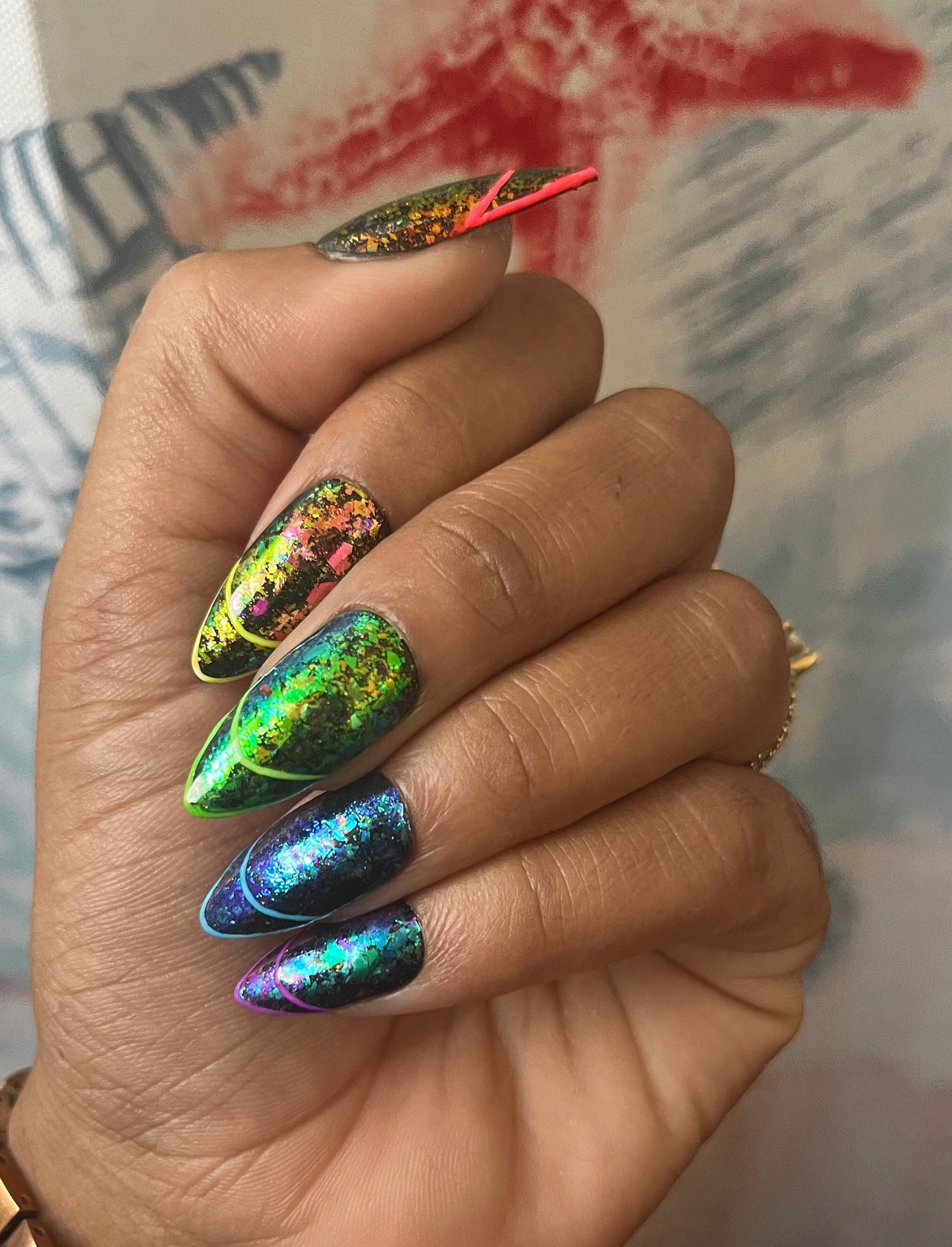 It's a Party - Chrome Chameleon Flake and Neon French Tip Press-On Nail Extensions 10pcs