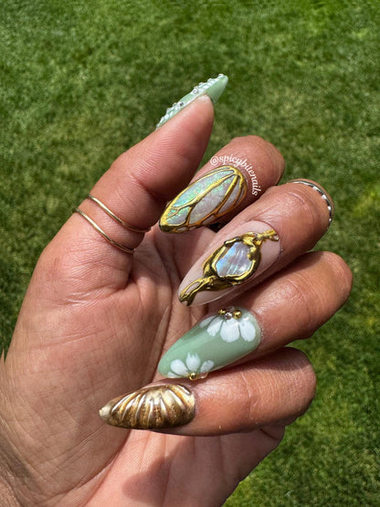 Moss and Moonlight – Sage Green and Gold Chrome Floral and Opal Elegant Press-On Nail Extensions 10pcs