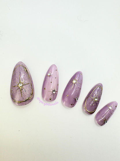 Celestial Blush - Mauve Pink Cat-Eye Gold Chrome Star Press-On Nail Extensions 10pcs