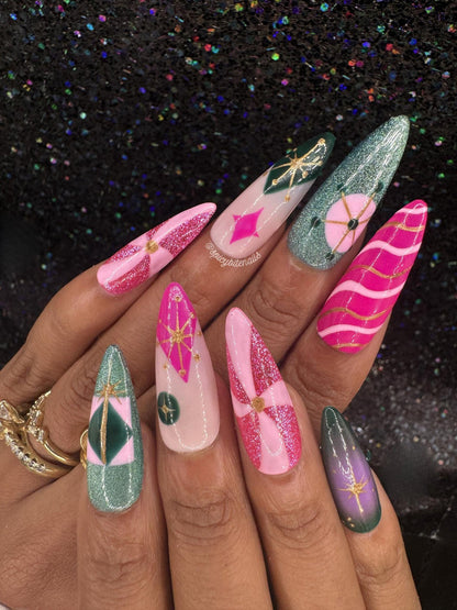 Sugarplum Stardust - Mid-Century Pink and Green Christmas Press-On Nail Extensions 10pcs