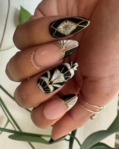 Deco After Dark - Black & White Cat-Eye Gold Chrome Art Deco Press-On Nail Extensions 10pcs