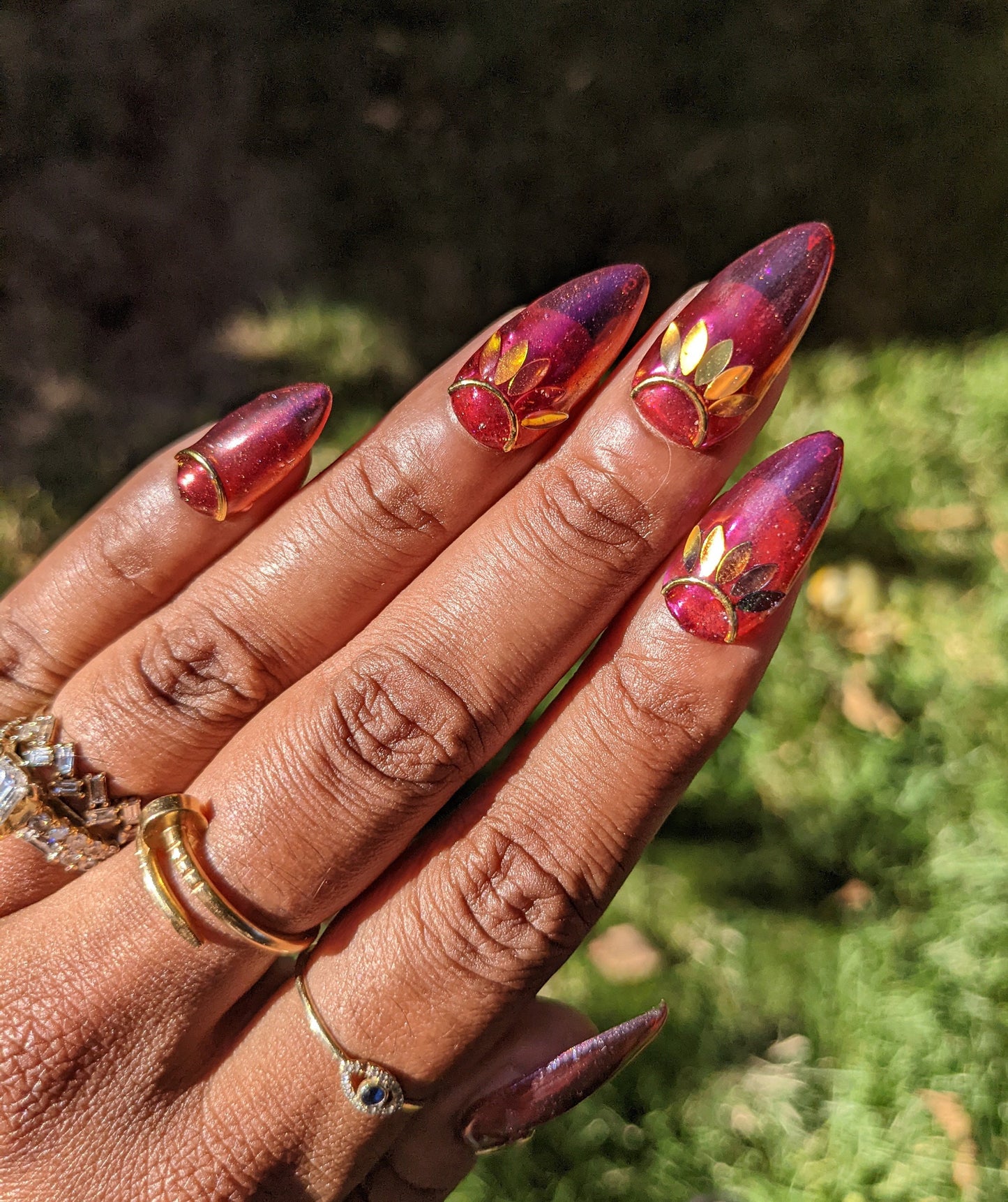 Fall Princess - Sheer Red and Gold Leaf False Press-On Nail Extensions 10pcs