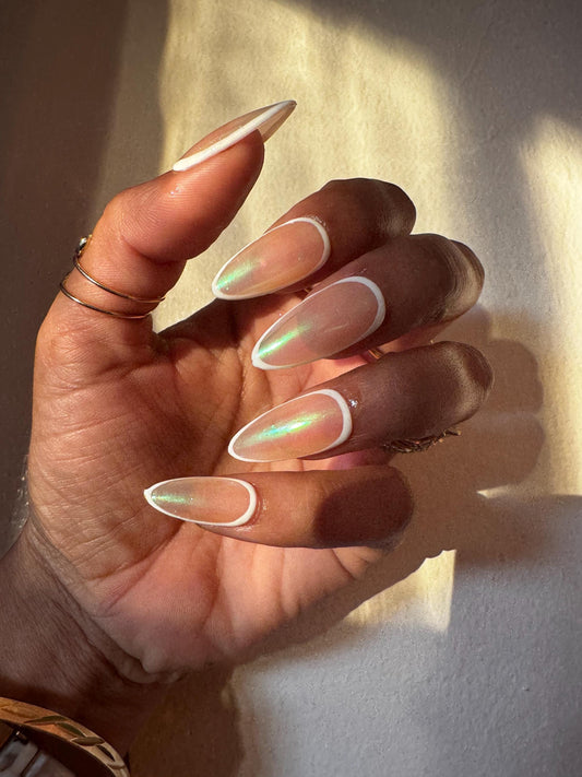 Opal Glow - White Border and Green-Blue Chrome Sheer Press-On Nail Extensions 10pcs