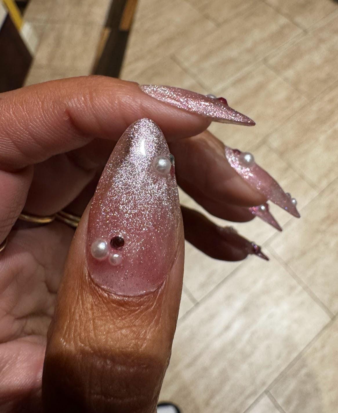Pink Frosting - Pink Glittery Cat-Eye Polish, Pearl and Pink Rhinestone Lined False Press-On Nail Extensions 10pcs