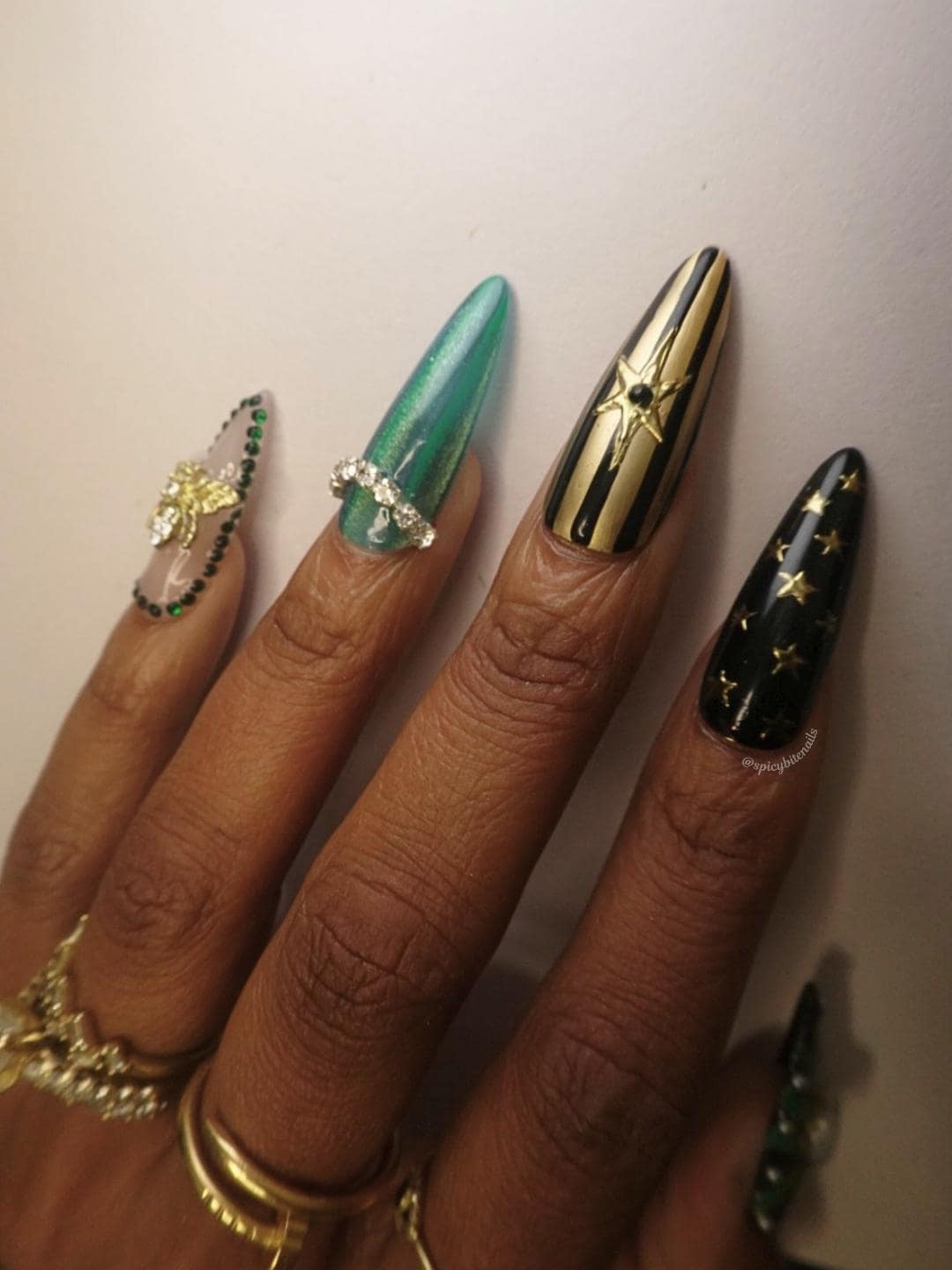 Gilded Abyss - Black & Teal Gold Chrome Gemstone Press-on Nails 10pc