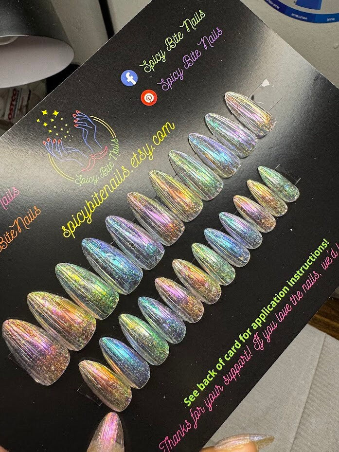 Fairy Wings -  3D Rainbow Fluted Glass Transparent Holographic False Press-On Nail Extensions 10pcs