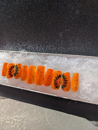 Sunflower Harvest - Color Changing Orange to Yellow Sunflower False Press-On Nail Extensions 10pcs