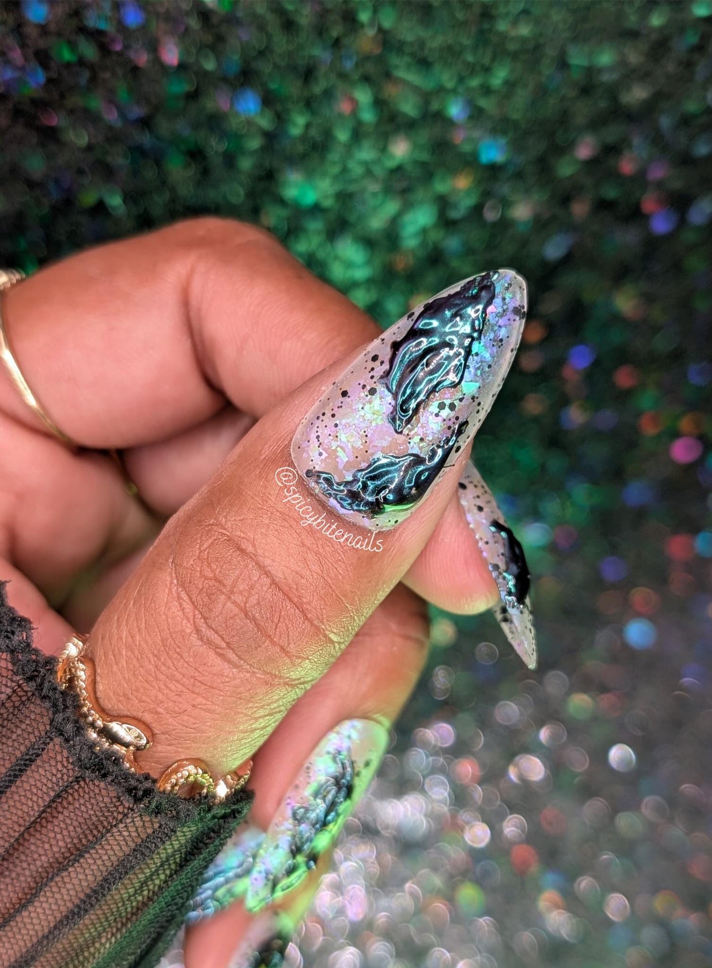 Urusla’s Toxic Sludge -  Black, White and Purple Iridescent 3D Slime False Press-On Nail Extensions 10pcs