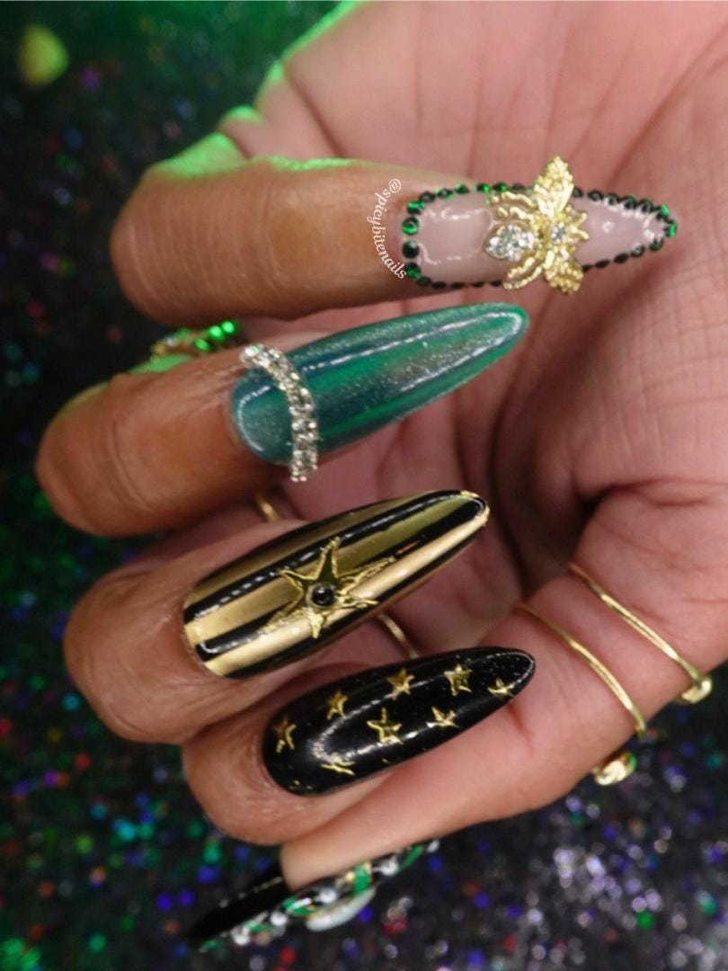 Gilded Abyss - Black & Teal Gold Chrome Gemstone Press-on Nails 10pc