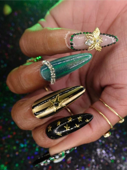 Gilded Abyss - Black & Teal Gold Chrome Gemstone Press-on Nails 10pc
