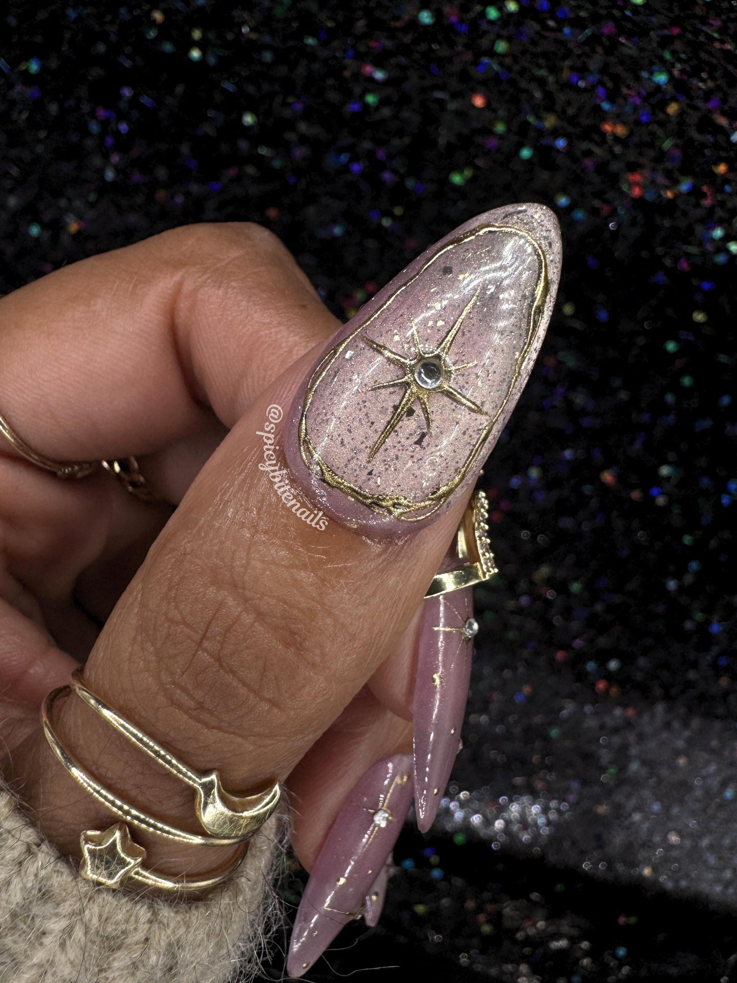Celestial Blush - Mauve Pink Cat-Eye Gold Chrome Star Press-On Nail Extensions 10pcs