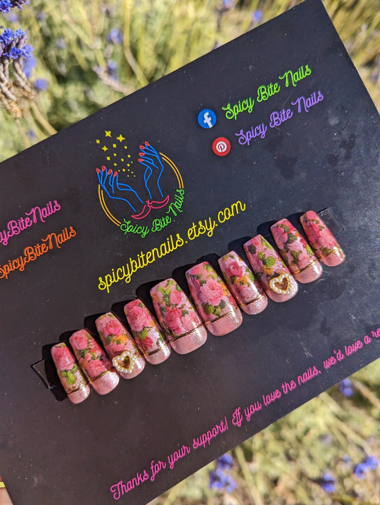 Garden Party - Pink Cat Eye Rose and Pearl Chrome Valentines Day Press-On Nail Extensions 10pcs