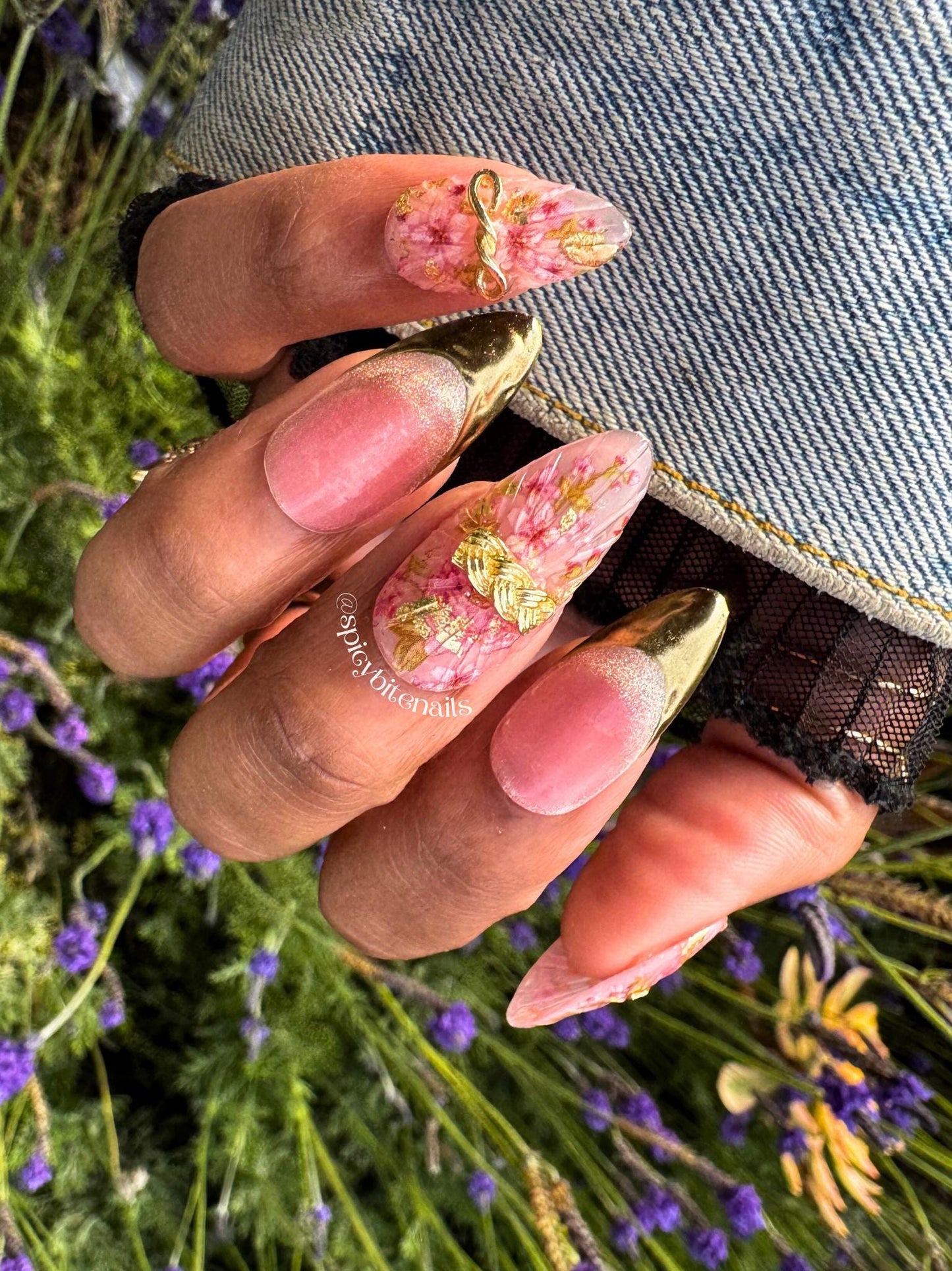 Rosé and Velvet - Pink Rose and Gold Chrome Cat-Eye French Tips False Press-On Nail Extensions 10pcs