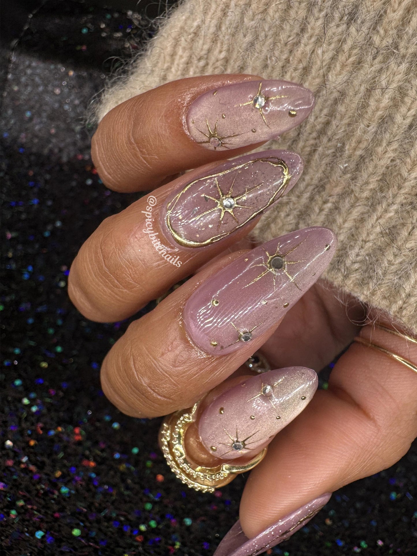 Celestial Blush - Mauve Pink Cat-Eye Gold Chrome Star Press-On Nail Extensions 10pcs