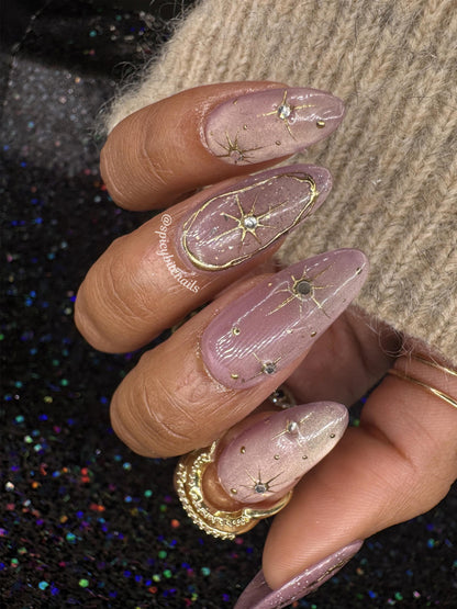Celestial Blush - Mauve Pink Cat-Eye Gold Chrome Star Press-On Nail Extensions 10pcs
