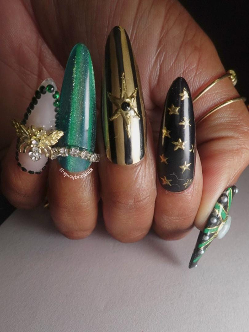 Gilded Abyss - Black & Teal Gold Chrome Gemstone Press-on Nails 10pc