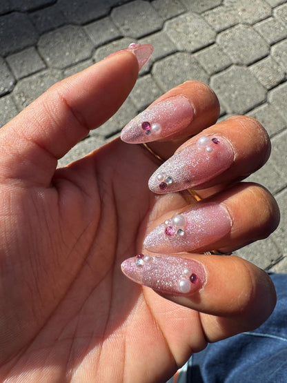 Pink Frosting - Pink Glittery Cat-Eye Polish, Pearl and Pink Rhinestone Lined False Press-On Nail Extensions 10pcs