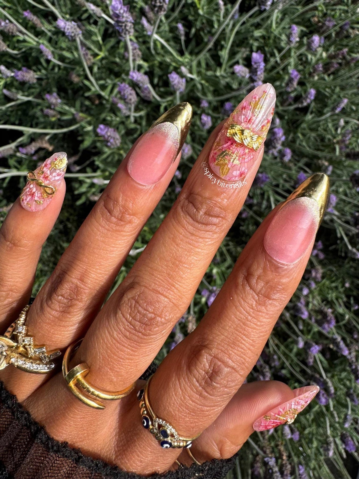 Rosé and Velvet - Pink Rose and Gold Chrome Cat-Eye French Tips False Press-On Nail Extensions 10pcs