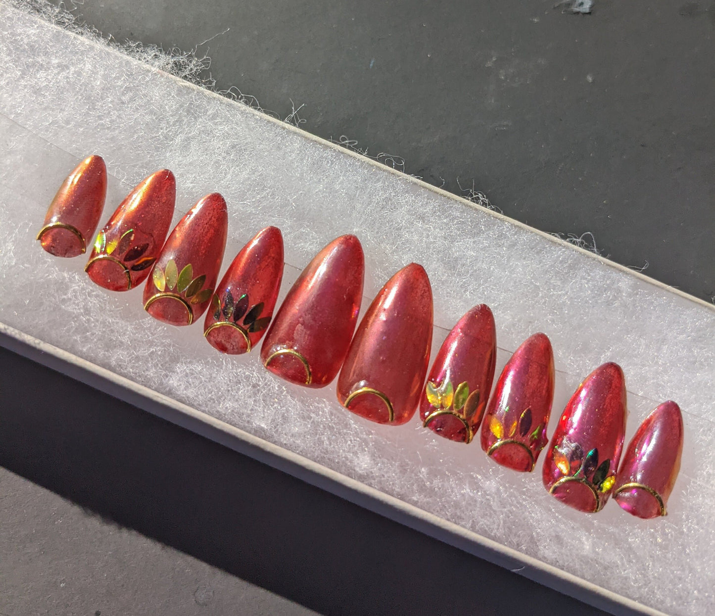 Fall Princess - Sheer Red and Gold Leaf False Press-On Nail Extensions 10pcs
