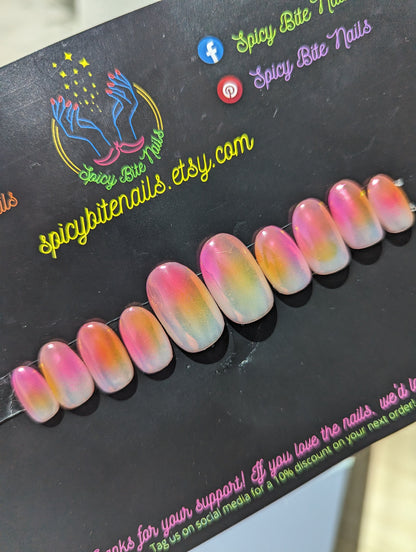 Rise and Shine - Pink and Orange Aura and Chrome Press-On Nail Extensions 10pcs