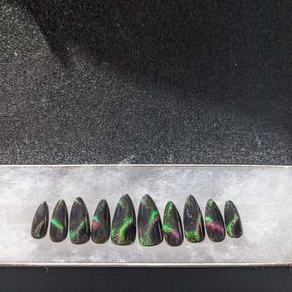 Dragon's Eye - Purple and Green Cat Eye False Press-On Nail Extensions 10pcs