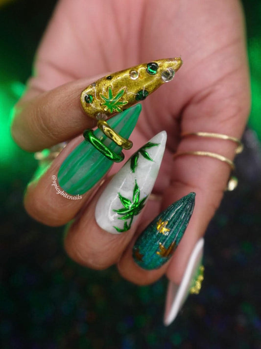 Canna Couture  – Luxury Weed Leaf Nails, Green Marble Chrome Nails, 3D Gold Cannabis Nails, Handmade Statement Press On Nails 10pcs