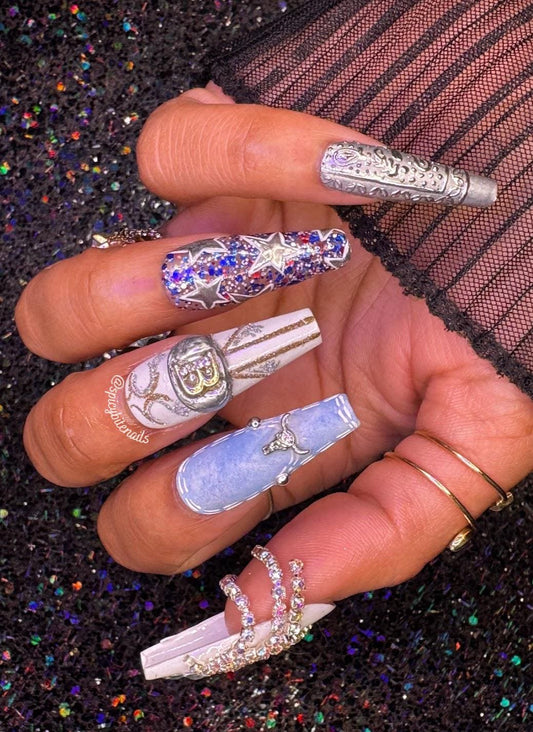 Beyonce Bowl - Beyonce Red, White and Blue Rhinestone Cowboy Inspired False Press-On Nail Extensions 10pcs