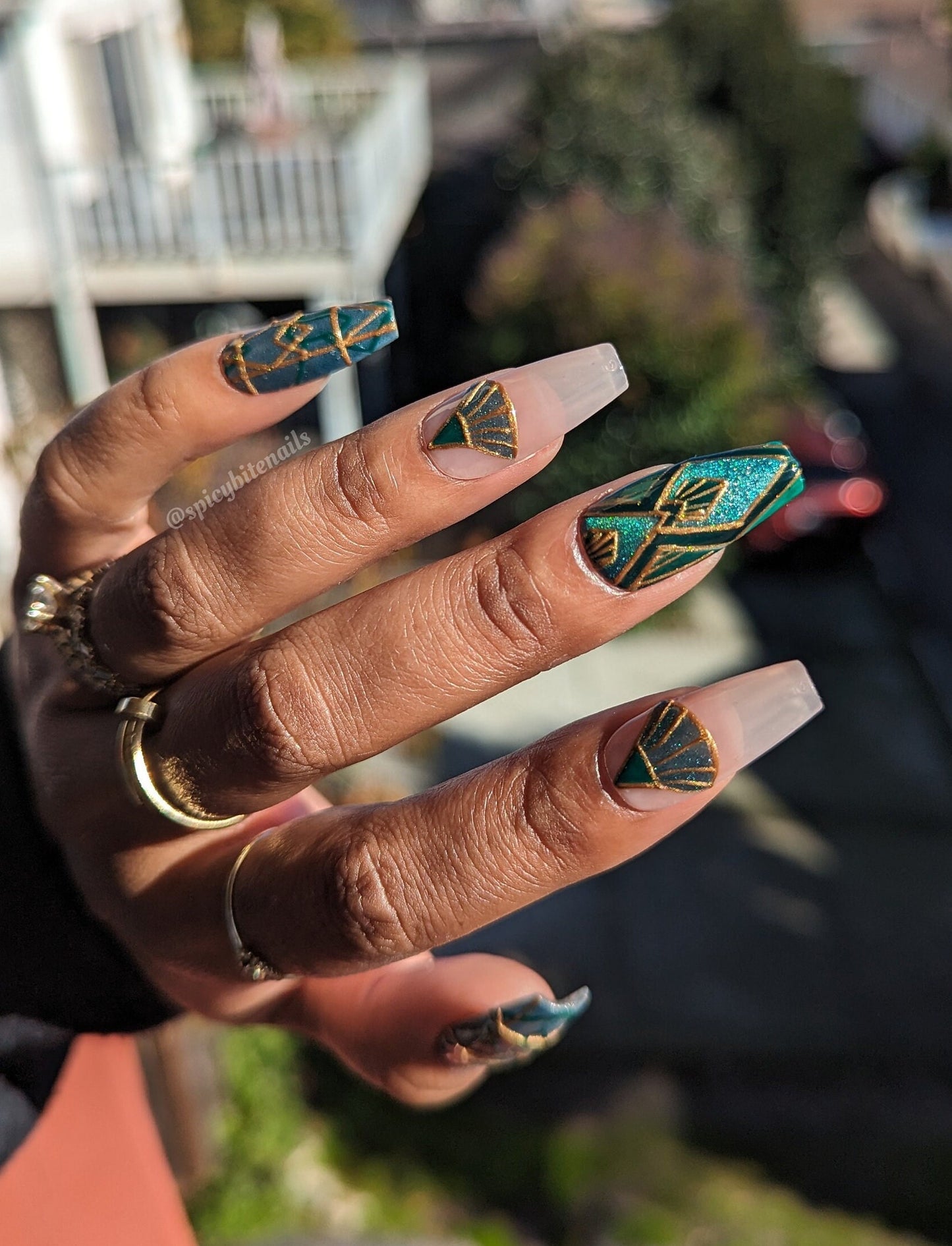 Gatsby - Green and Gold Art Deco Cat-Eye False Press-On Nail Extensions 10pcs