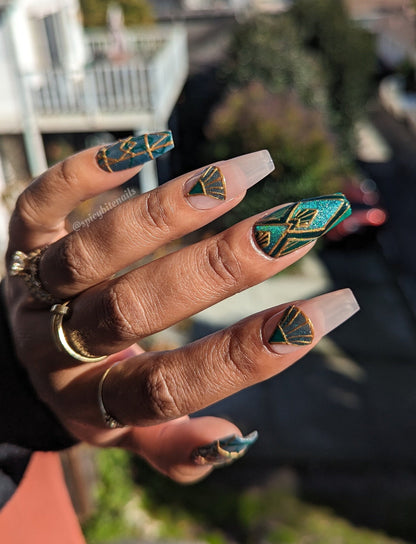 Gatsby - Green and Gold Art Deco Cat-Eye False Press-On Nail Extensions 10pcs