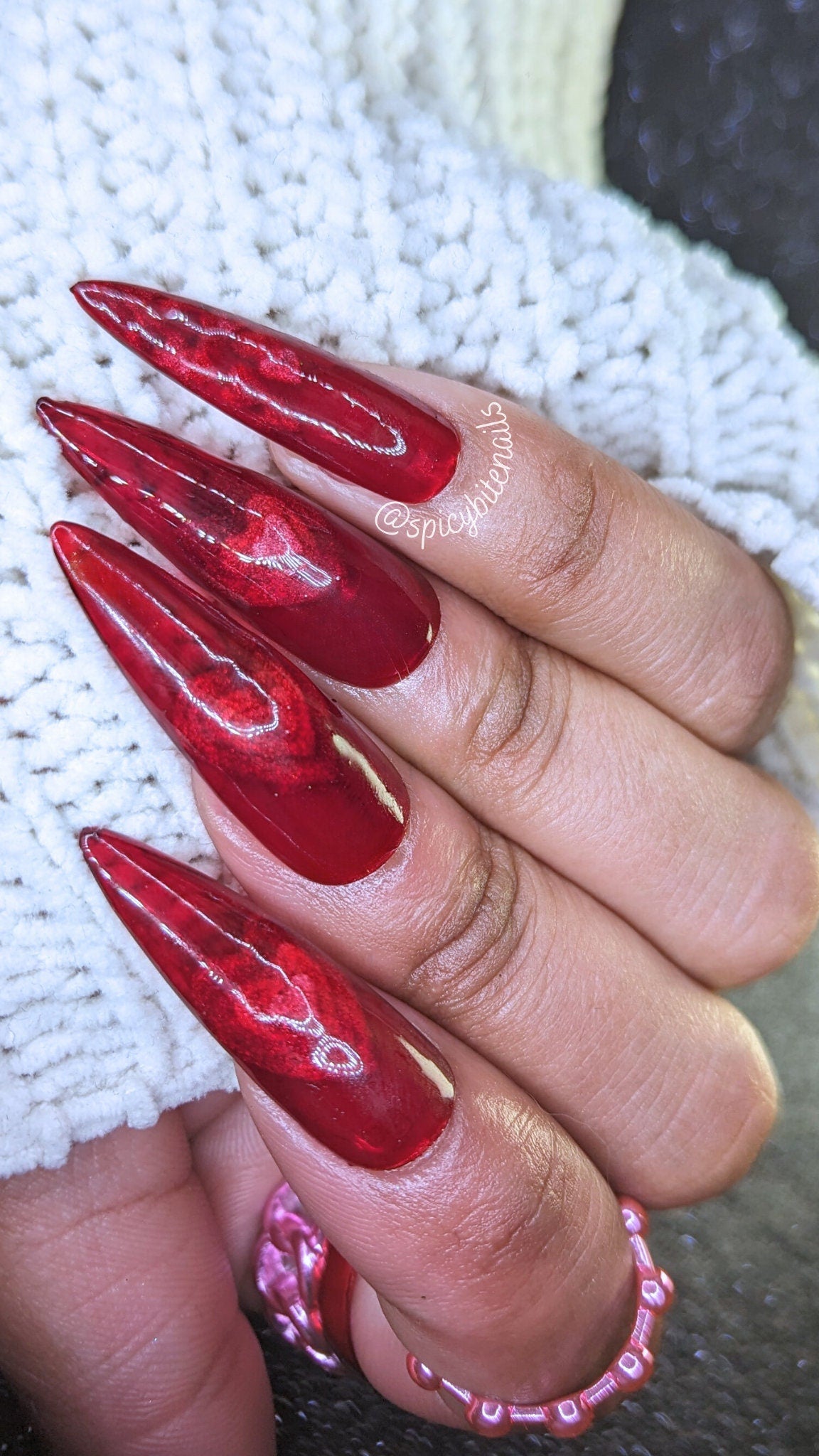 Hidden Hearts - Red Sheer Cat-Eye Heart Valentine's Day False Press-On Nail Extensions 10pcs