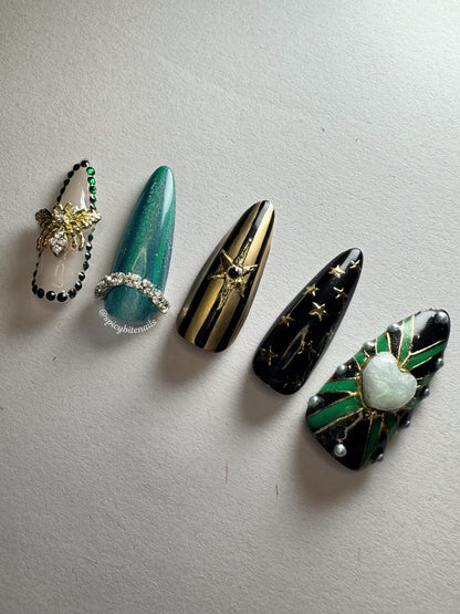 Gilded Abyss - Black & Teal Gold Chrome Gemstone Press-on Nails 10pc