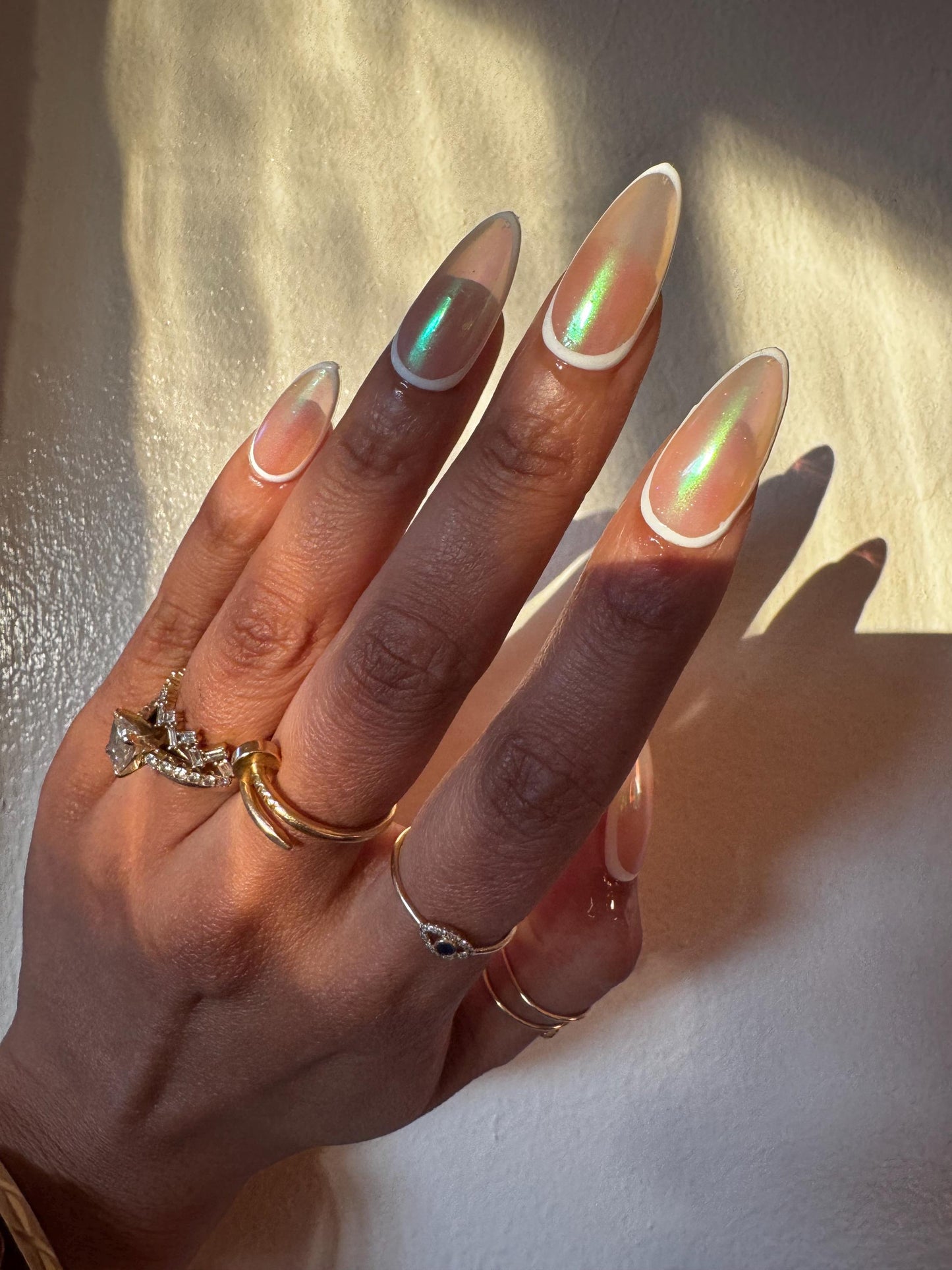 Opal Glow - White Border and Green-Blue Chrome Sheer Press-On Nail Extensions 10pcs