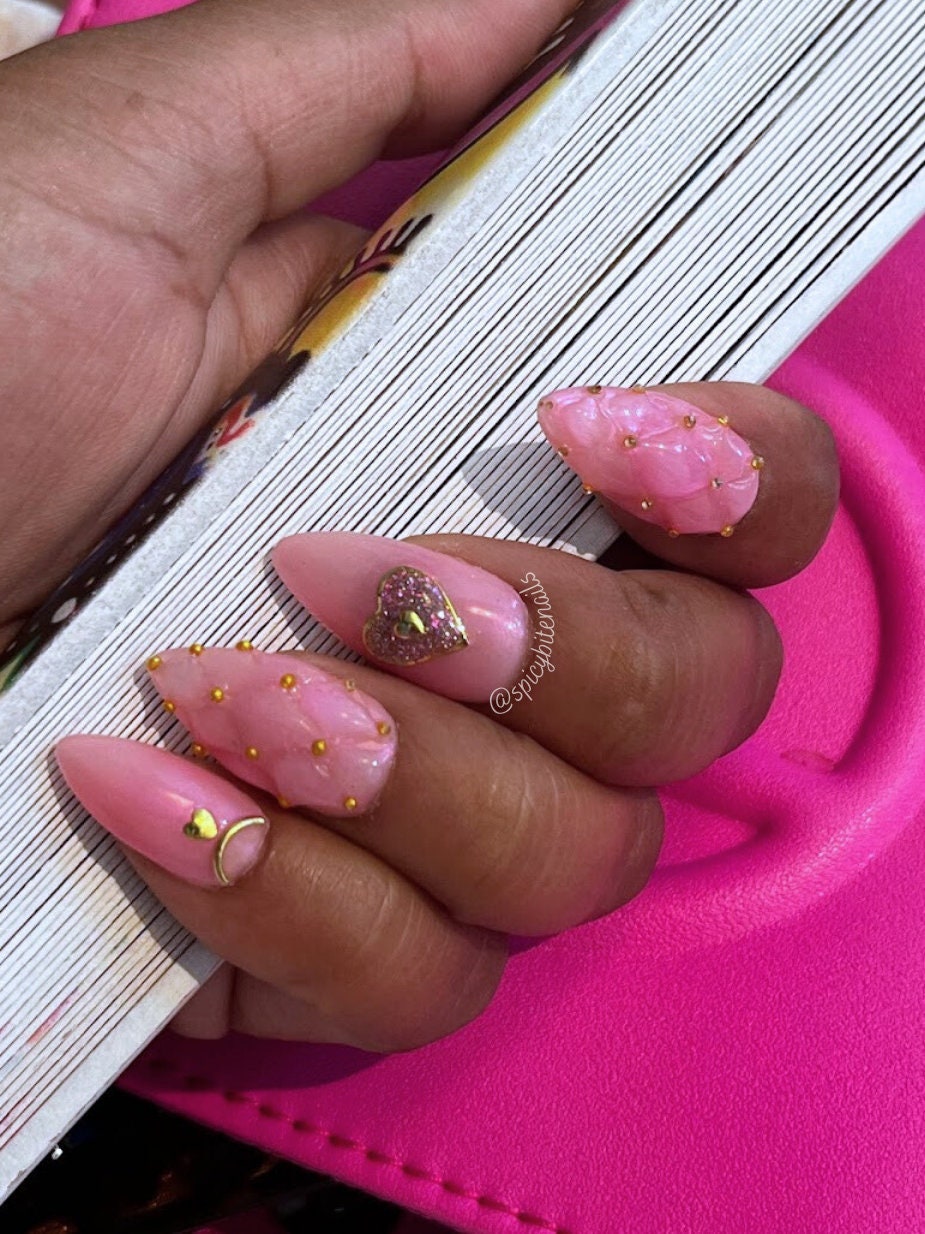 Pink Coco - Quilted Iridescent Pink Heart Coquette False Press-On Nail Extensions 10pcs