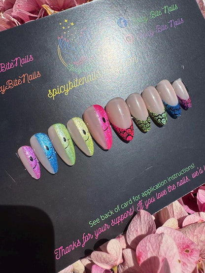 Joy Bomb - Smiley Face Rainbow Cat-Eye French Tip False Press-On Nail Extensions 10pcs