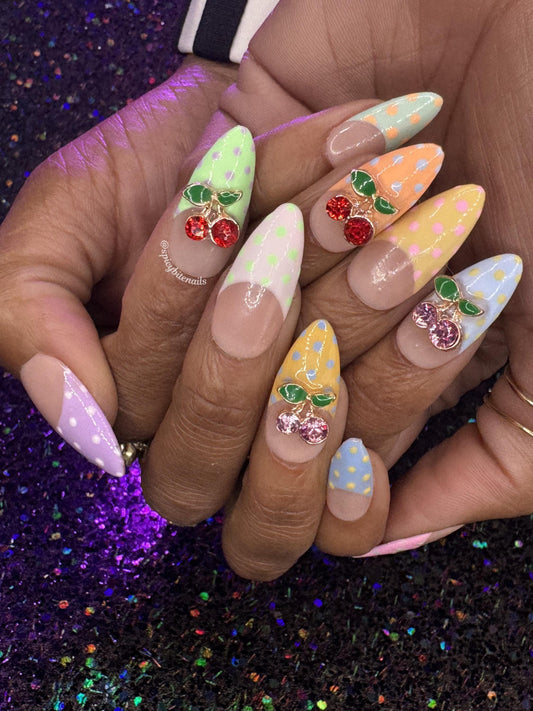 Cherry Pop - Pastel Polka Dot French Tips and Cherries Colorful Press-On Nail Extensions 10pcs