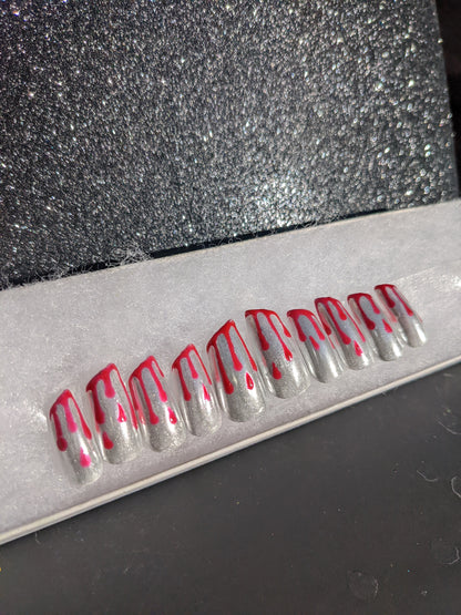 Knives Out - Color Changing Blood Drip Silver Chrome Lipstick False Press-On Nail Extensions 10pcs