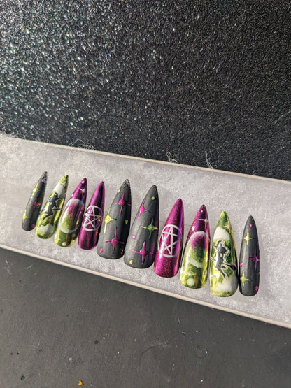 Witch Bitch - Glow in the Dark Witch Purple and Green Chrome False Press-On Nail Extensions 10pcs