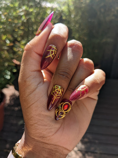 Spider Queen - Color Change Gold Spider Red and Gold False Press-On Nail Extensions 10pcs