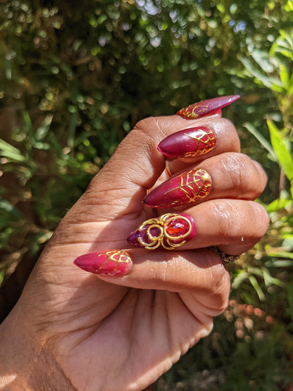 Spider Queen - Color Change Gold Spider Red and Gold False Press-On Nail Extensions 10pcs