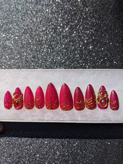 Spider Queen - Color Change Gold Spider Red and Gold False Press-On Nail Extensions 10pcs