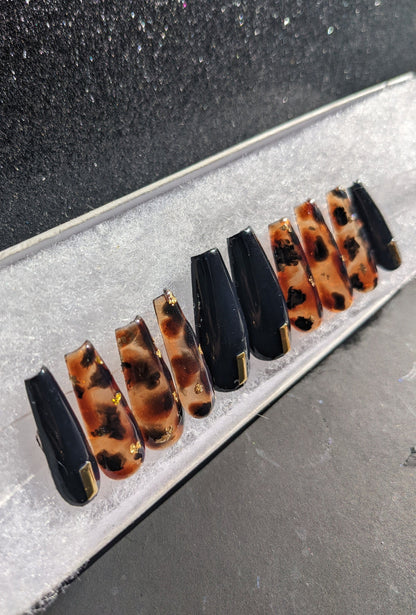 Hot Tortie - Tortoiseshell and Black False Press-On Nail Extensions 10pcs