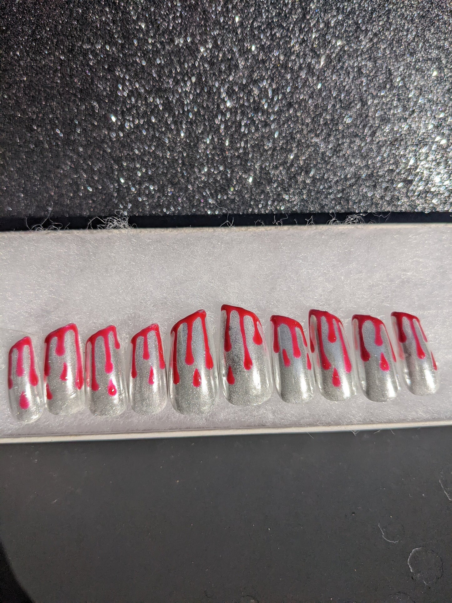 Knives Out - Color Changing Blood Drip Silver Chrome Lipstick False Press-On Nail Extensions 10pcs