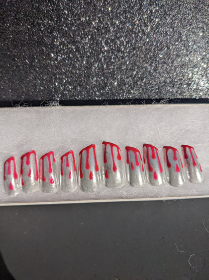 Knives Out - Color Changing Blood Drip Silver Chrome Lipstick False Press-On Nail Extensions 10pcs