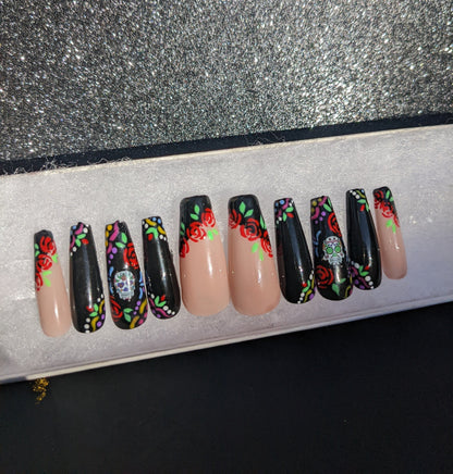 Calaveritas - Day of the Dead Sugar Skull Mexican Hand-Painted False Press-On Nail Extensions 10pcs