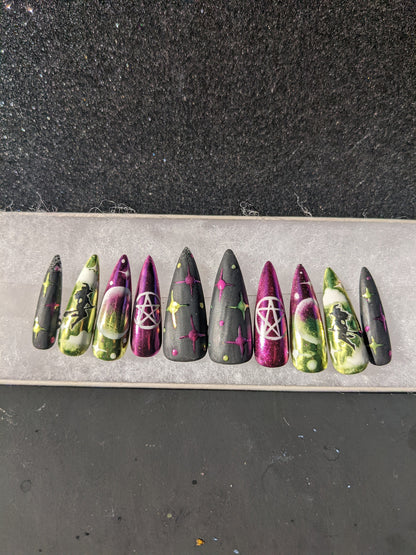 Witch Bitch - Glow in the Dark Witch Purple and Green Chrome False Press-On Nail Extensions 10pcs