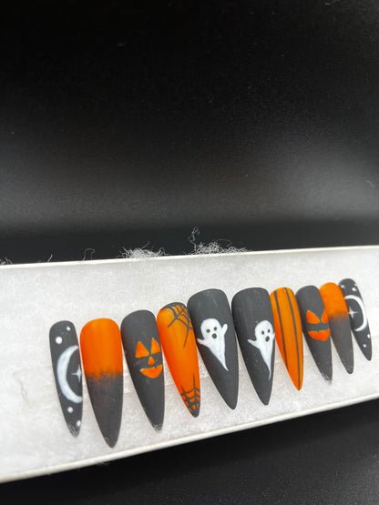 Halloweenies - Glow in the Dark Orange and Black Halloween Nails False Press-On Nail Extensions 10pcs